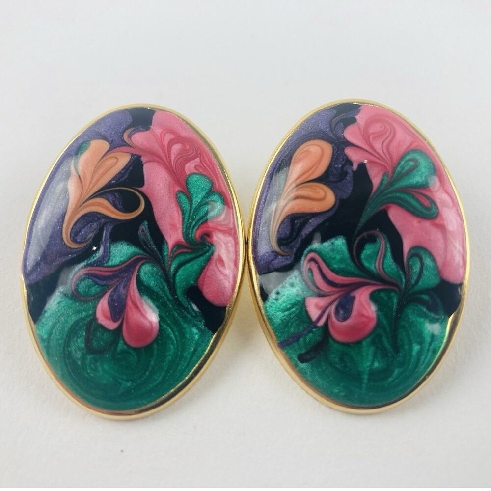 Vintage 1980’s Statement Earrings Swirl Enamel Large Bright Funky Pink Green Blu